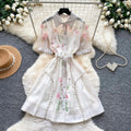 French country style rhinestone embellished slimming a-line dress - women's summer korean style short sleeve floral print shirt dress