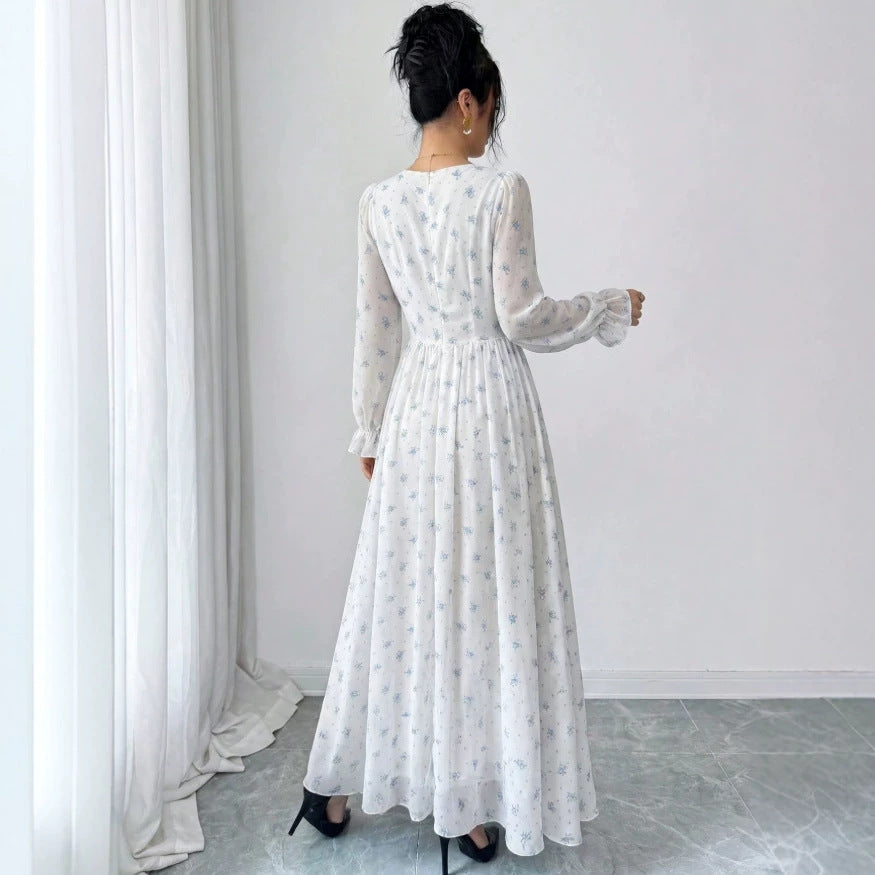 European and american cross-border  gentle style white background blue floral long dress with square neck and puff sleeves - korean style outfit