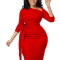 D3168  women's clothing  fall/winter new arrival solid color ol style elegant commute pleated tie-up dress - european and american style