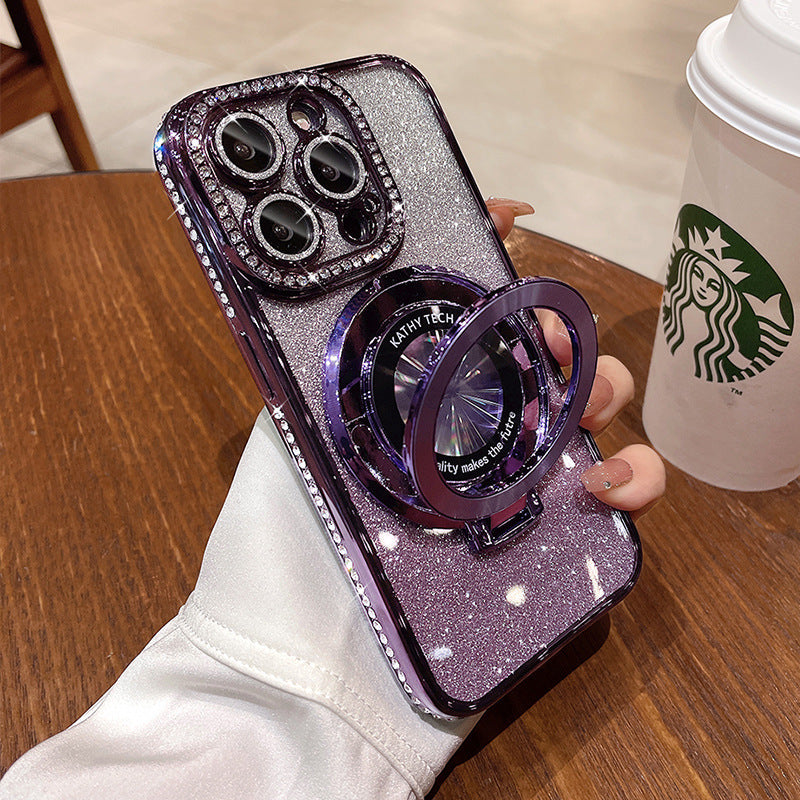 Suitable for apple 17promax light luxury rhinestone electroplated mobile phone case 15 glitter magnetic holder apple 16 protective cover