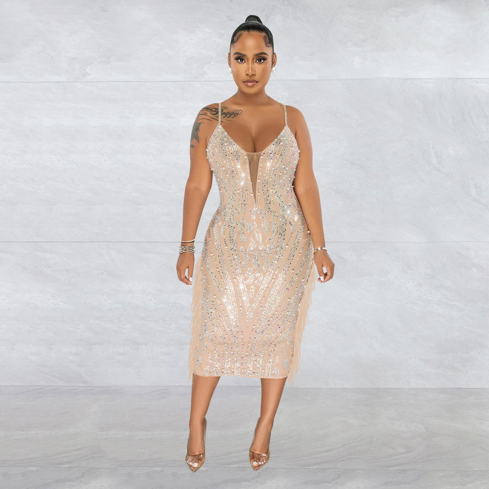 C6273   fashion women's solid color camisole sleeveless mesh rhinestone long dress