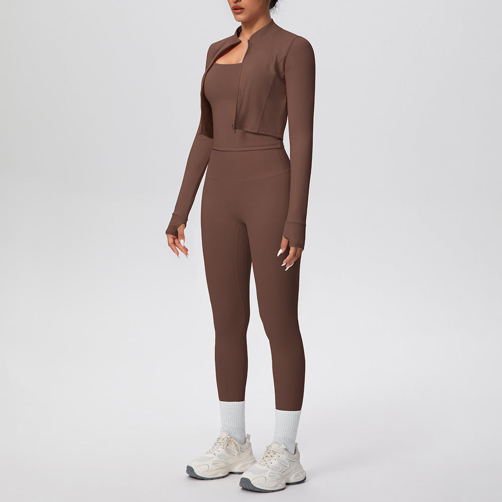 pure color brushed tight tank top nine-point long three-piece sports running fitness yoga suit