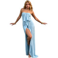 European and american women's clothing  summer new fashion elegant high-end satin slit off-the-shoulder bandeau dress