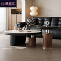 Travertine coffee table - modern minimalist, small apartment, mid-century modern style, living room, home, light luxury, creative round "moon embrace" coffee table