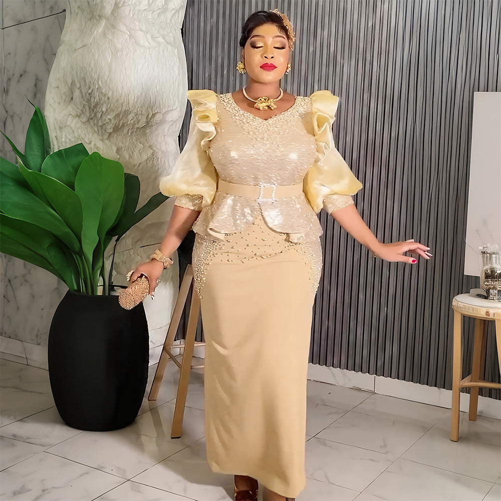African plus size women's fashion bubble sleeve dress - european and american style party evening beaded sequin high waist gown