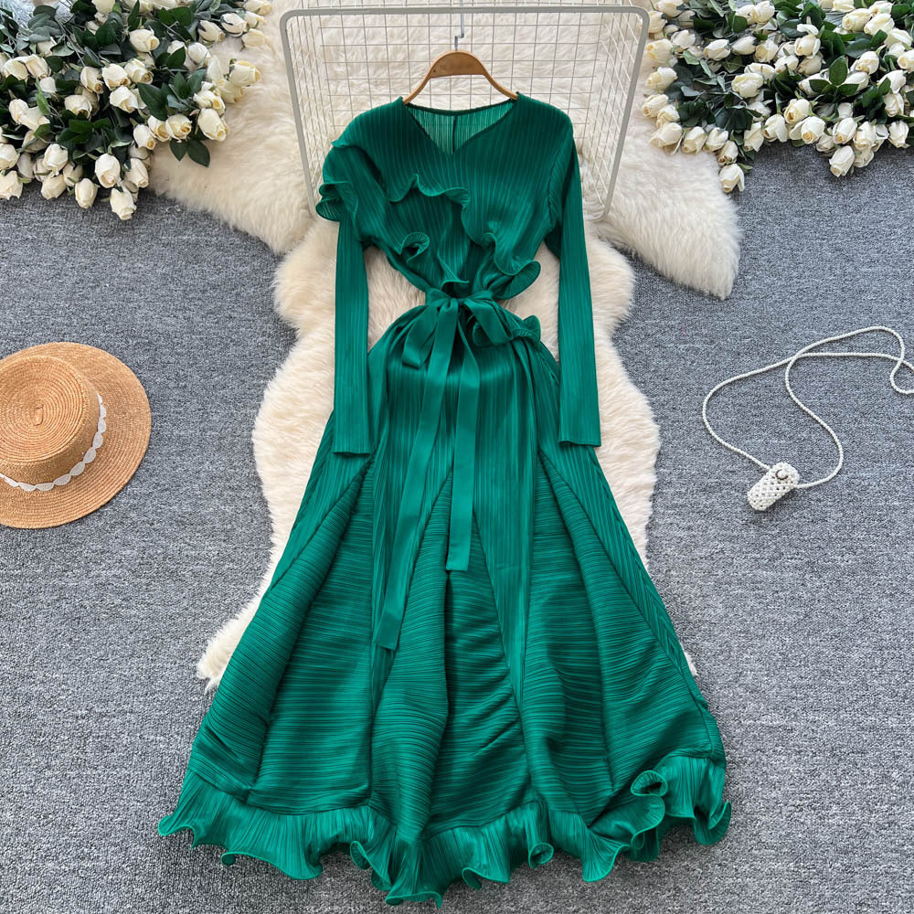 European and american niche fashion socialite tie-waist ruffle pleated dress - women's high-end slimming elegant maxi dress