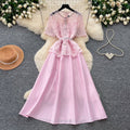 Elegant pink lace cutout patchwork satin a-line dress - slimming, chic, and perfect for summer workwear