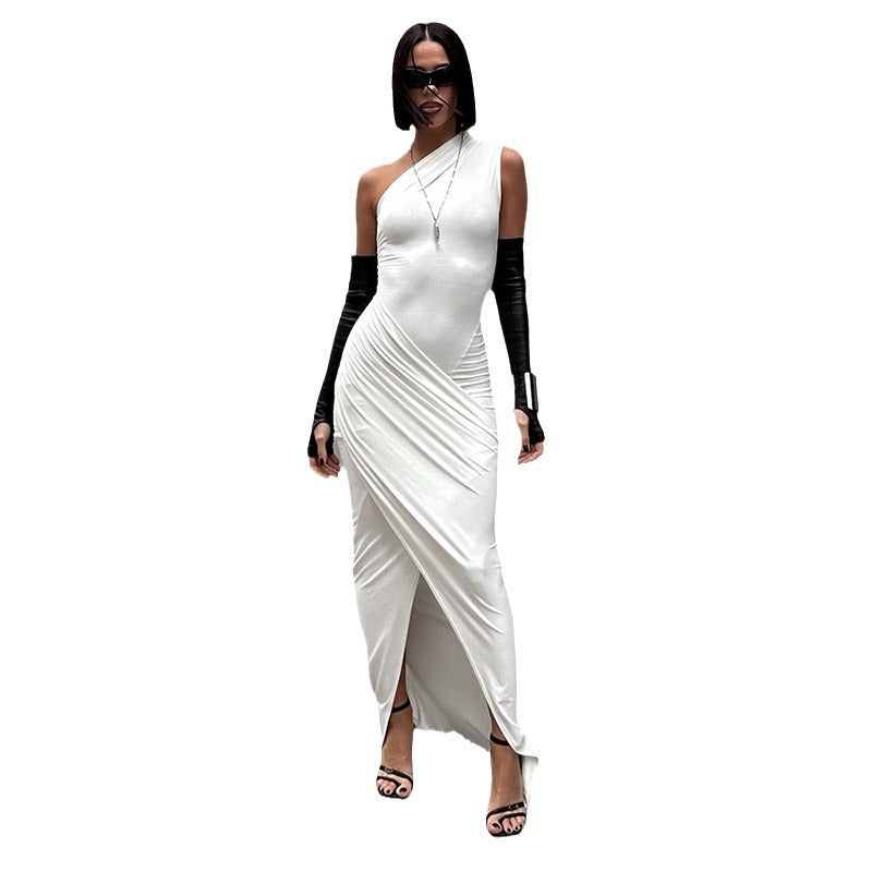 summer new european and american style cross-border women's solid color maxi dress casual asymmetrical sleeveless slim-fit one-shoulder dress