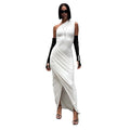 summer new european and american style cross-border women's solid color maxi dress casual asymmetrical sleeveless slim-fit one-shoulder dress