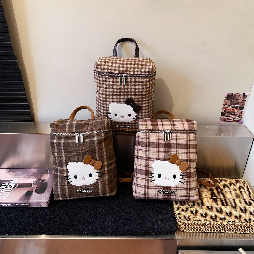 2026 new korean style cartoon cat shoulder & crossbody bag - women's unique design, cute & versatile plaid tote backpack