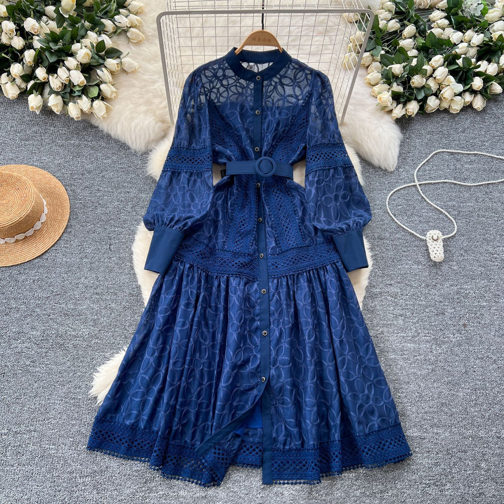 Palace style dress for women spring new frencheleganceembroider lantern sleeves waist single breasted large hem long skirt