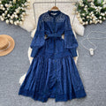 Palace style dress for women spring new frencheleganceembroider lantern sleeves waist single breasted large hem long skirt