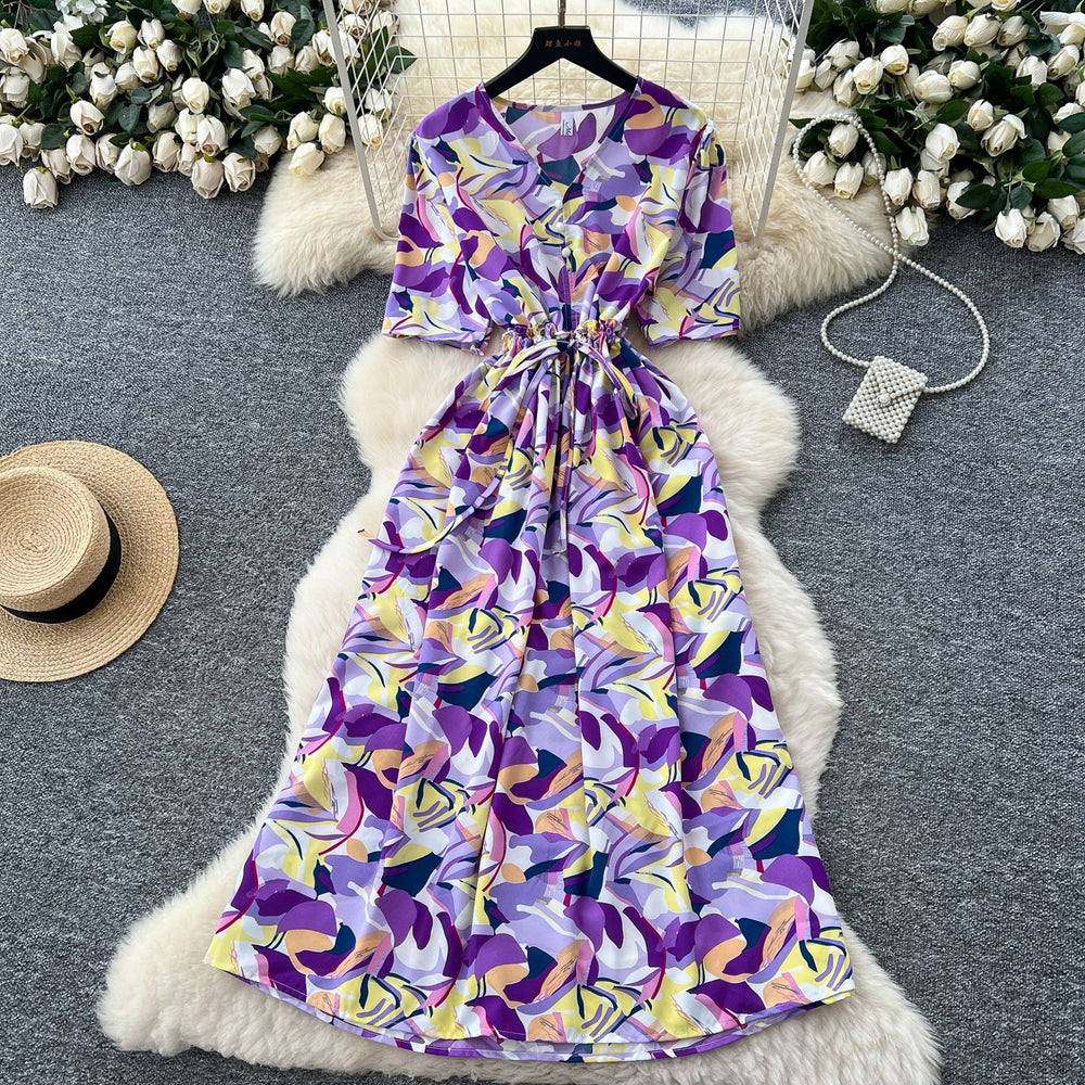 Frenchretrov neck drawstring waist short-sleeved printingdress women's summerslimming lookelegantretro over-the-knee long skirt