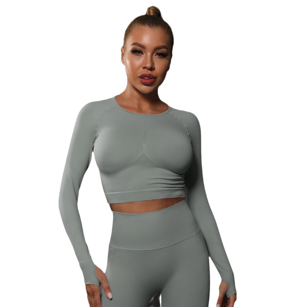 fashion seamless tight pure color pleated sports long sleevestops high elastic breathable running fitness yoga wear for women