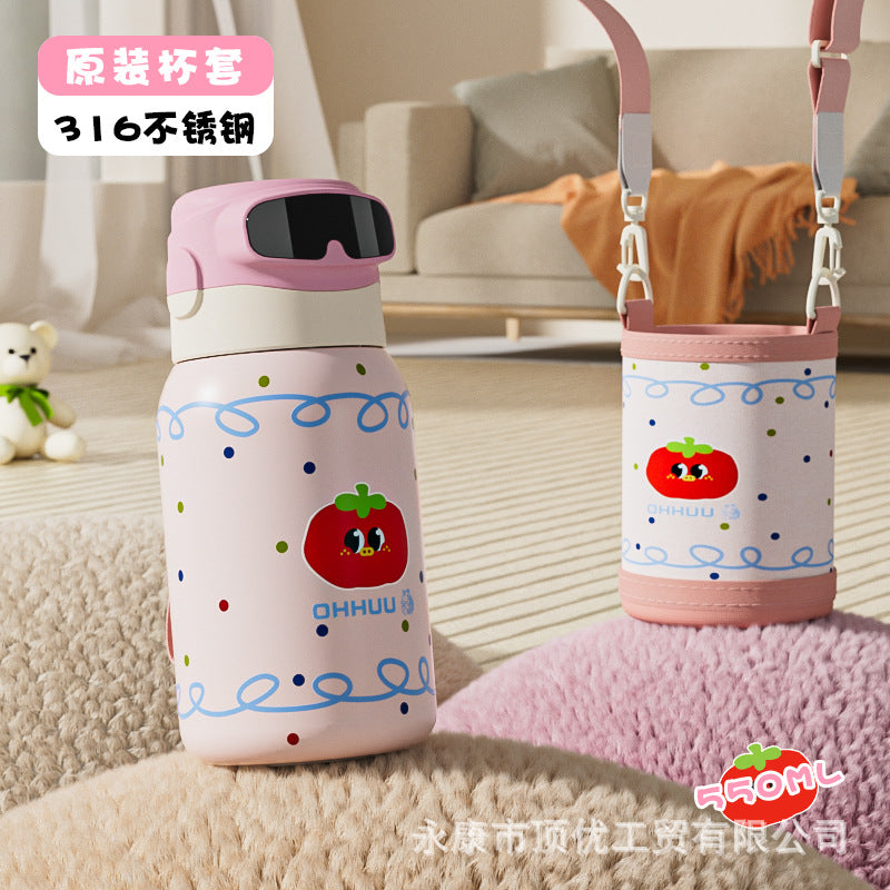 High-style stainless steel fingerprint-insulated tumbler, dopamine-boosting large capacity, with carrying strap and straw, portable sports water bottle for kids