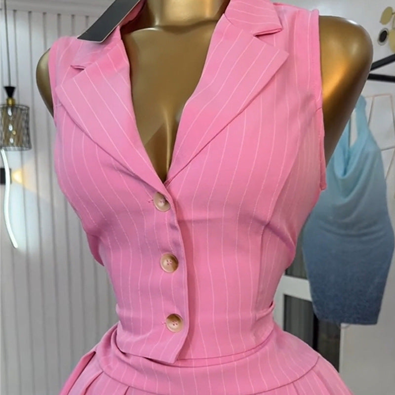 European and american cross-border women's fashion  summer new pink blazer collar button-down striped vest pleated midi skirt set