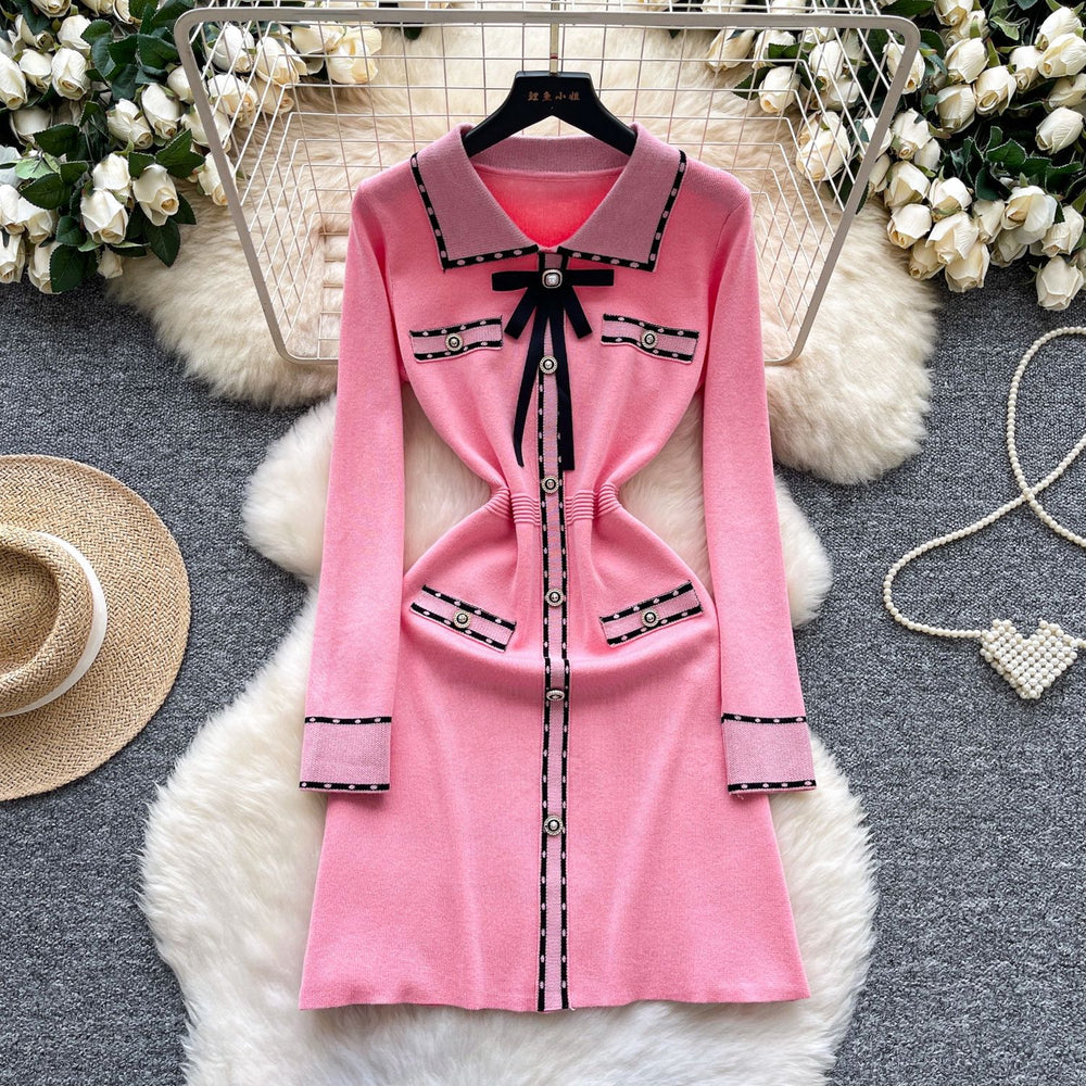 French retro chic color block polo collar long sleeve knit dress with metal buckle waist detail - slimming and elegant
