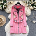 French retro chic color block polo collar long sleeve knit dress with metal buckle waist detail - slimming and elegant
