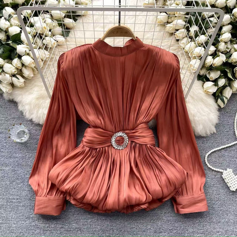 Classy french waist shirt for women with careful strap design and unique pleated ruffle hem frenchtops