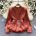 Classy french waist shirt for women with careful strap design and unique pleated ruffle hem frenchtops