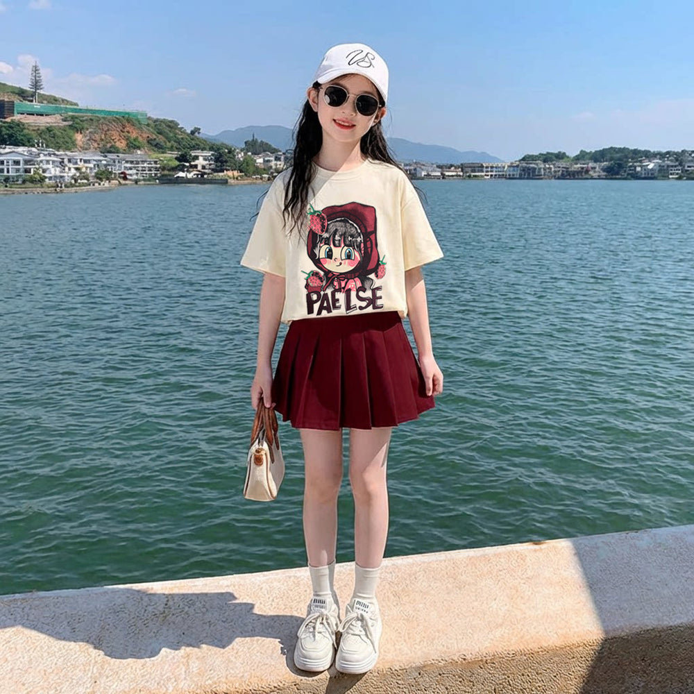 Girls' summer outfit  new style: trendy and cool summer clothes for mid-to-large children - strawberry girl t-shirt and skirt pants two-piece set