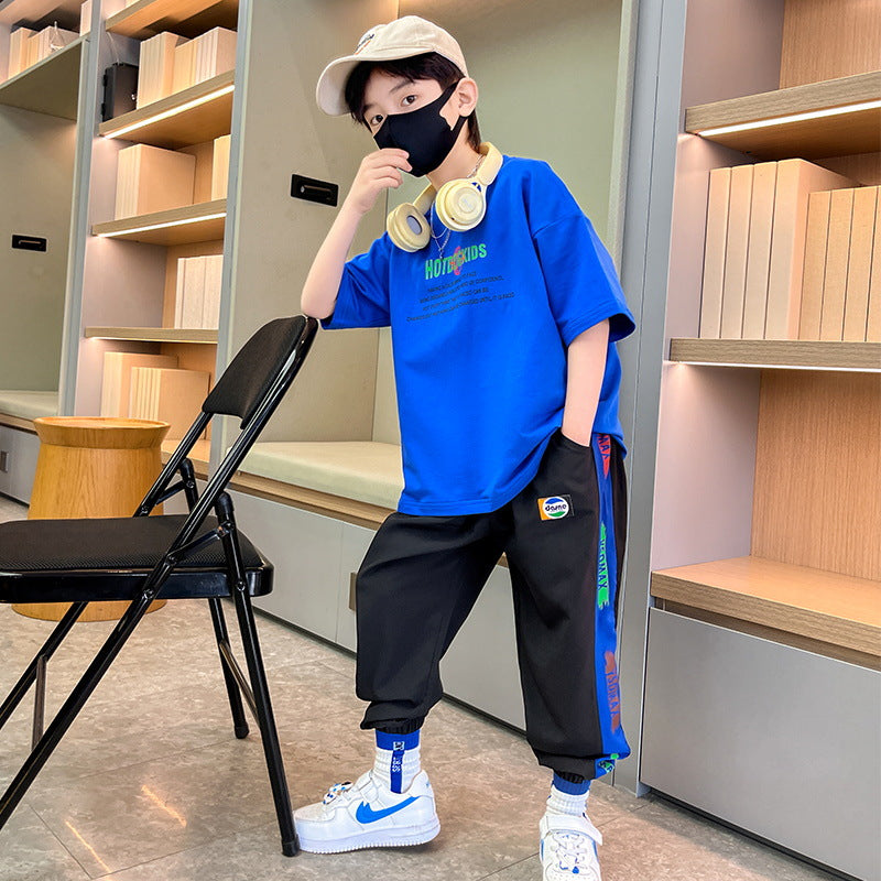 Boys' summer outfit set  new style, middle to big kids, boys' student summer short-sleeve fashionable korean style trendy children's clothing