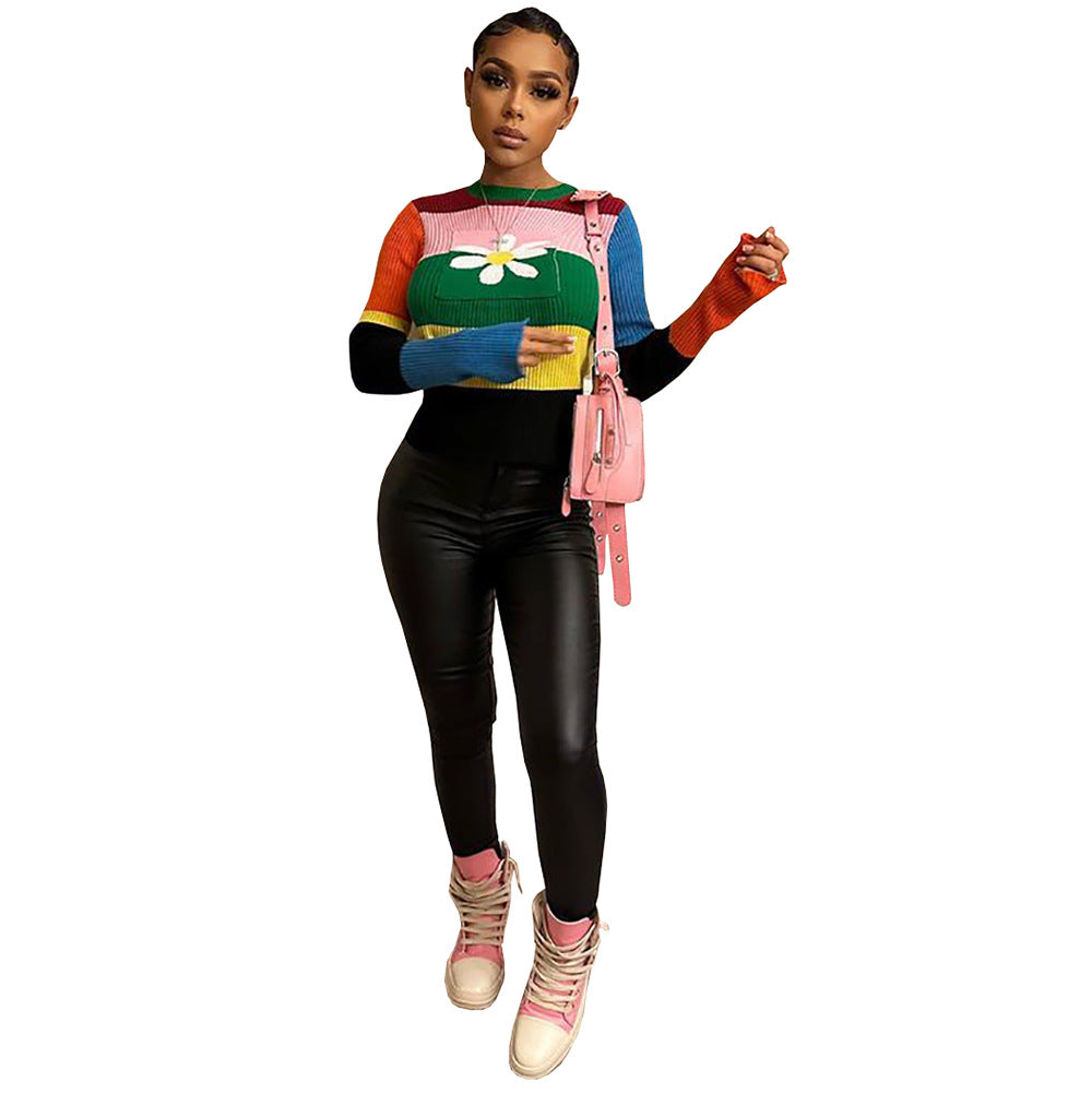 European cross-border women's clothing   winter new color block crew neck flared sleeve floral knit sweater