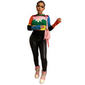 European cross-border women's clothing   winter new color block crew neck flared sleeve floral knit sweater