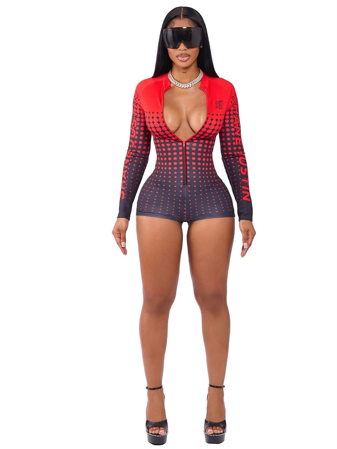 Early autumn new European and American  popular fashion versatile spot printing sexy zipper cardigan long-sleeved jumpsuit women