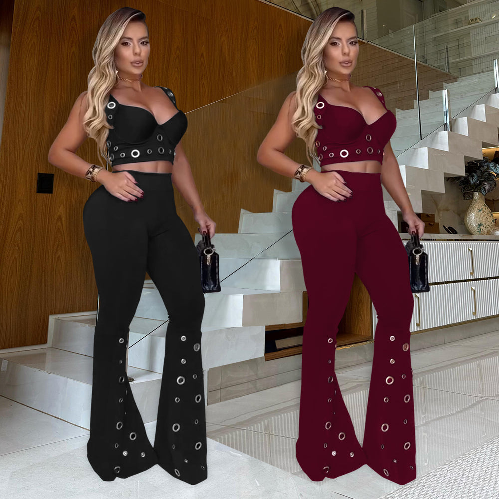 C7451 cross-border   fashion women's elegant sexy top and wide-leg pants two-piece set