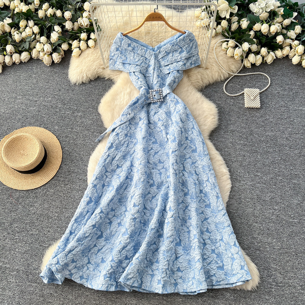 French chic blue floral dress - women's summer korean style bubble high waist slimming a-line maxi dress - elegant