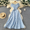 French chic blue floral dress - women's summer korean style bubble high waist slimming a-line maxi dress - elegant