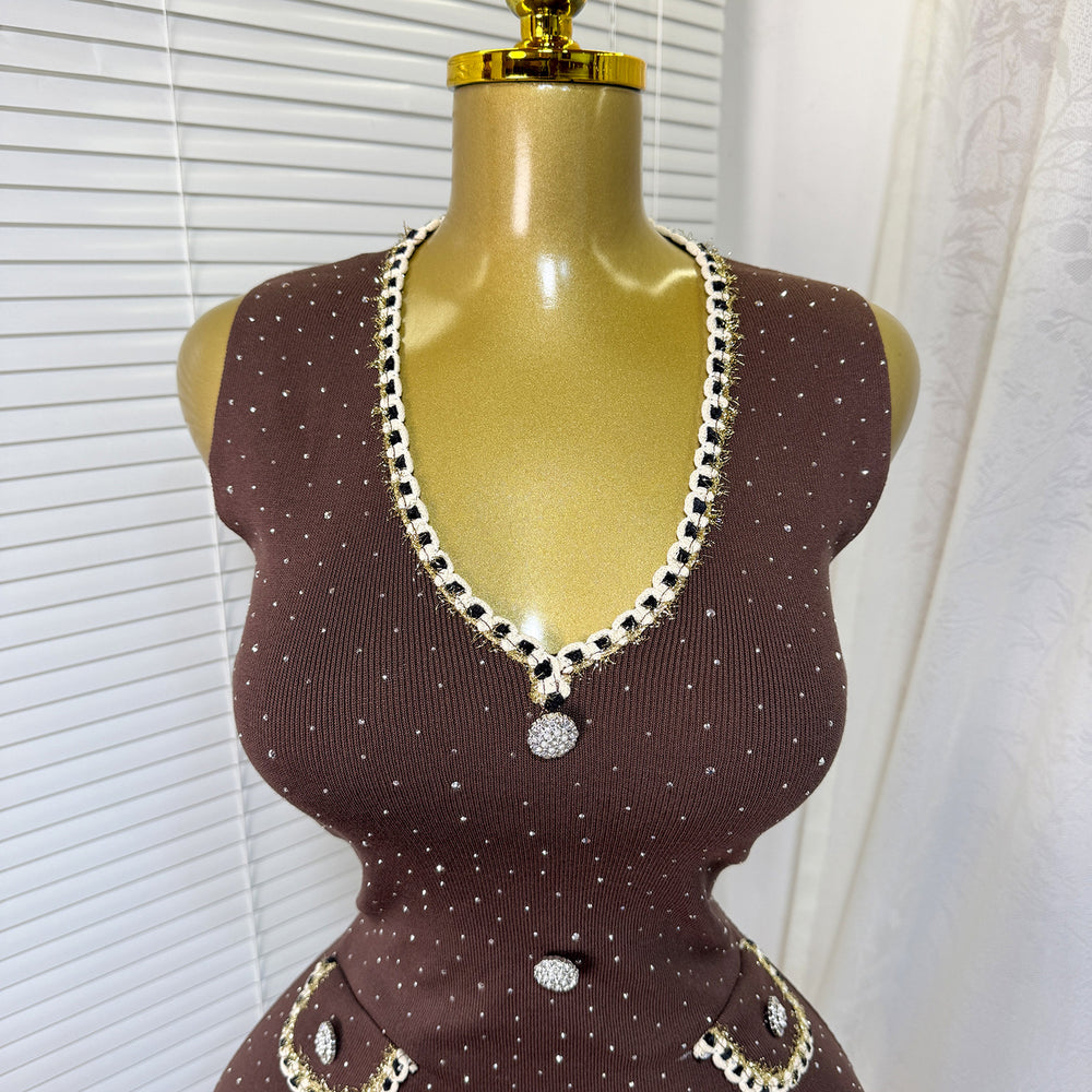 export tweed style sleeveless fine glitter knittingdress women's hot diamond button waist slimming lookknitting short skirt