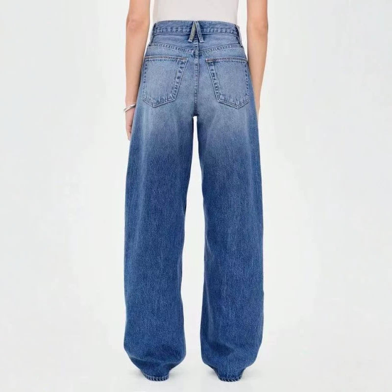 Vintage deep blue high-waisted wide-leg jeans for women - relaxed fit, drapey, slimming straight-leg trousers - casual and versatile denim pants