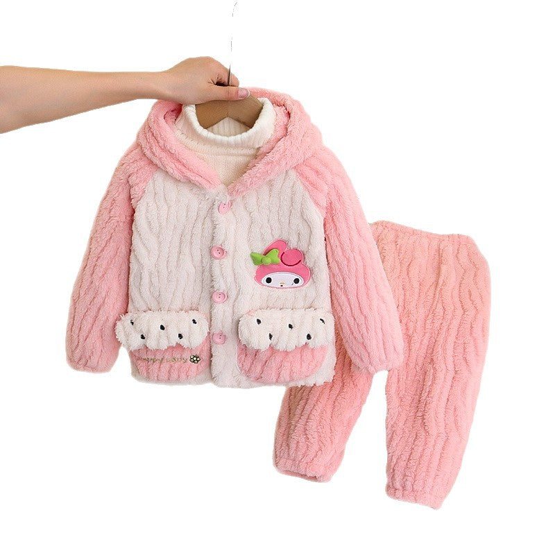 New girls' fleece-lined pajama set: cartoon hooded warm sleepwear for autumn, toddler and little girl sizes, cute and thick