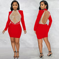 X5681  fashion sexy nightclub rhinestone mesh see-through beaded backless long sleeve midi dress for women