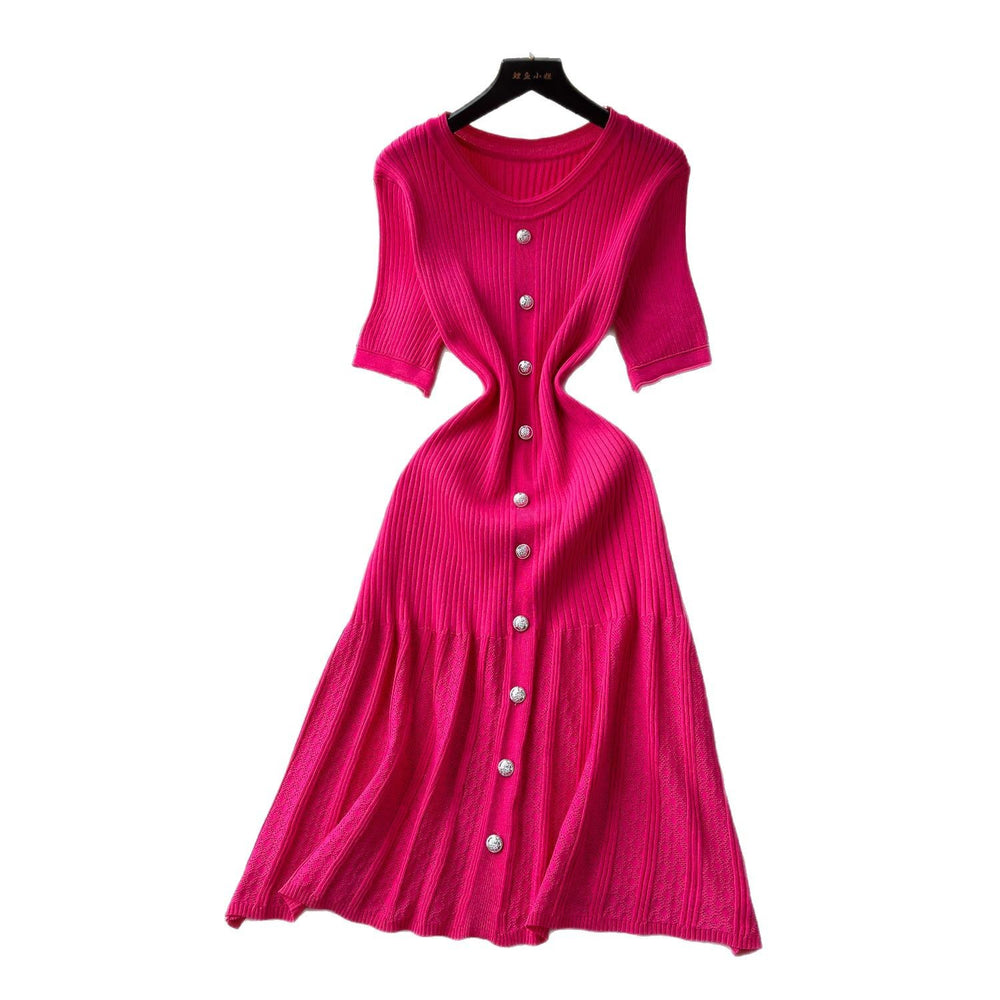Xiaoxiangfeng fashionablefashionable round neck short-sleeved metal buckle waist knittingdress female summerslimming looksweater long skirt