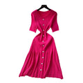 Xiaoxiangfeng fashionablefashionable round neck short-sleeved metal buckle waist knittingdress female summerslimming looksweater long skirt