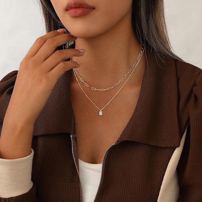 European and american cross-border hot-selling golden double-layer paper clip square diamond necklace multi-layer light luxury stacking versatile jewelry wholesale