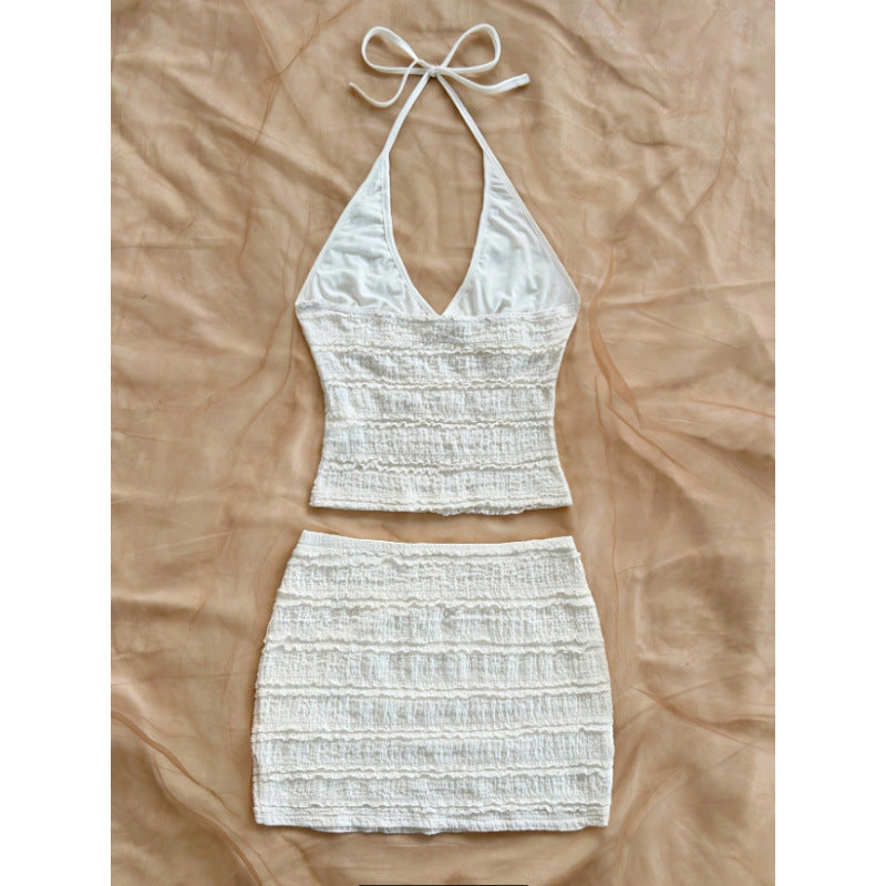 Women's summer new sexy vacation textured halter top and solid color midi skirt two-piece set