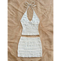 Women's summer new sexy vacation textured halter top and solid color midi skirt two-piece set