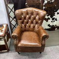 Vintage distressed american oil wax leather brown single armchair sofa high back button tufted hotel reception living room tiger chair