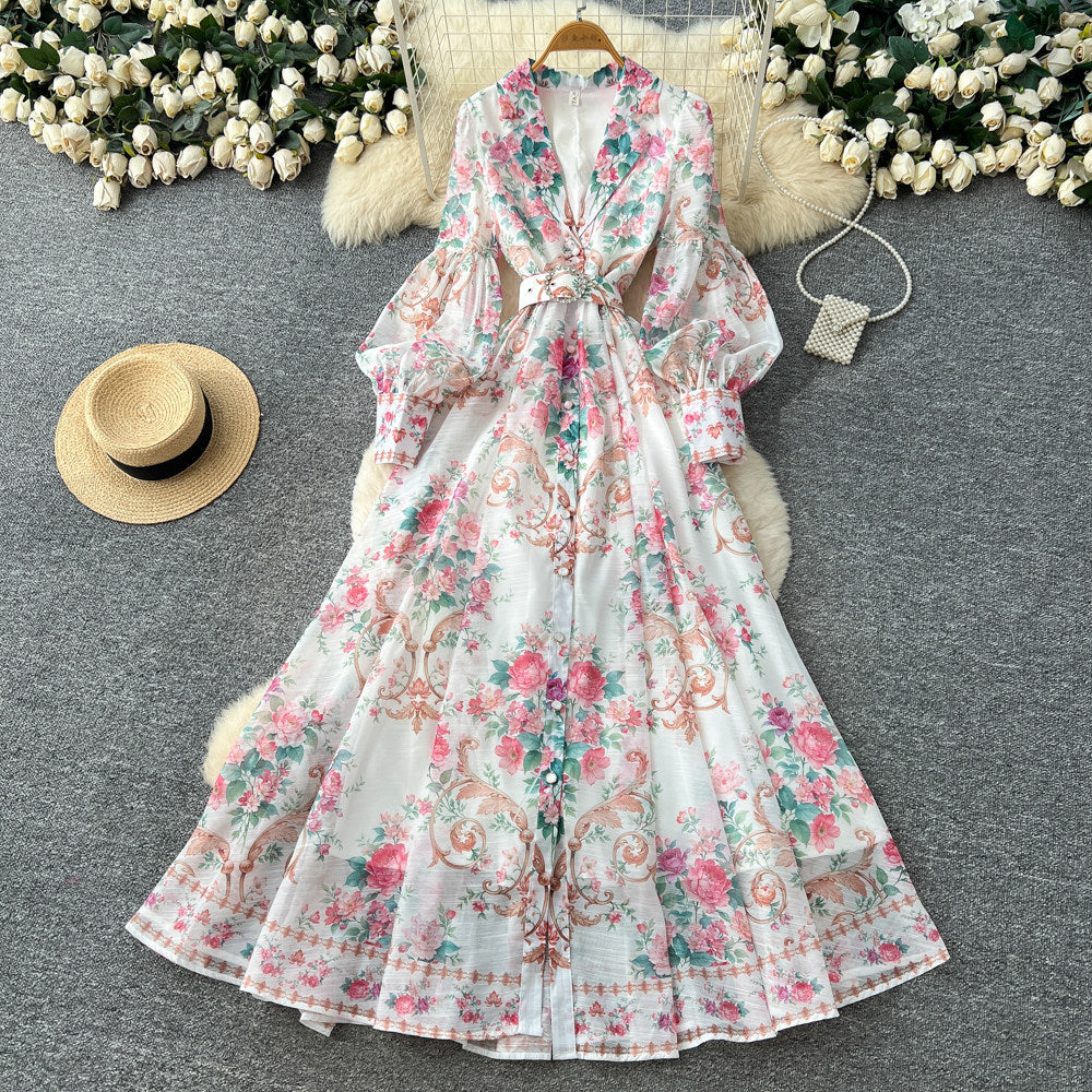 French riviera floral print flared sleeve dress - women's long sleeve tie-waist a-line maxi dress - elegant & chic