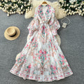 French riviera floral print flared sleeve dress - women's long sleeve tie-waist a-line maxi dress - elegant & chic