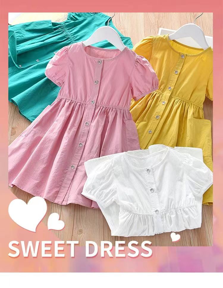 Girls' summer dress  new style chic cardigan slip dress baby solid color princess dress kids short sleeve skirt