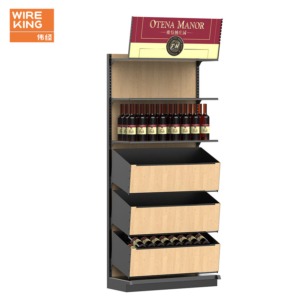 Customized multi-layer red wine shelves, supermarket wine area display shelves, iron-wood combined laminate adjustable wine shelves