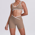 double-sided brushed contrast color tight breathable cross-waist yoga suit sports running fitness two-piece set for women