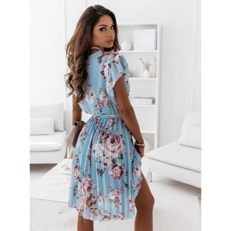 Dresssummernew arrival women best selling flutter sleeves waist floral pleated skirt