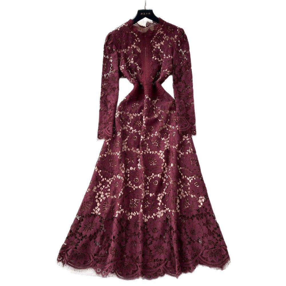 Frenchniche styleaccessible luxury socialiteclassy sense hook flower lacedress women's autum waist slimming lookelegant dress