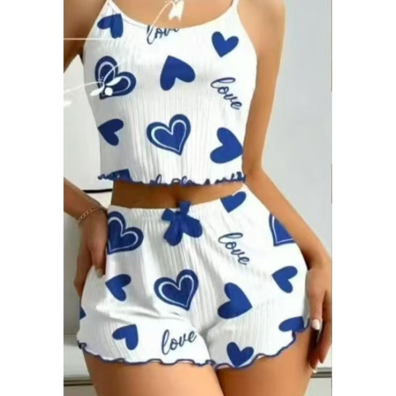 European and american export hot-selling ribbed knit heart print sweet cami and shorts two-piece set lingerie sleepwear